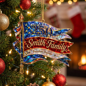 Personalized "Freedom Banner" America 250th Acrylic Ornament – Hologram Patriotic Family Keepsake