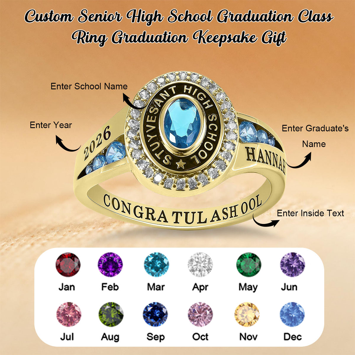 Custom Senior High School Graduation Class Ring Class of 2026 Ring, Personalized Engraved Birthstone College Ring, Graduation Keepsake Gift