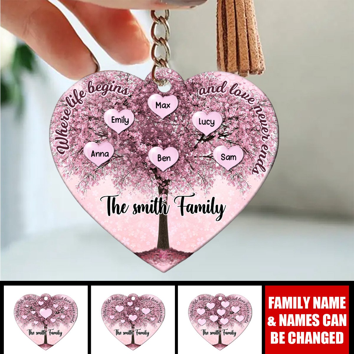 Personalized Family Tree Acrylic Keychain - Where Life Begins & Love Never Ends