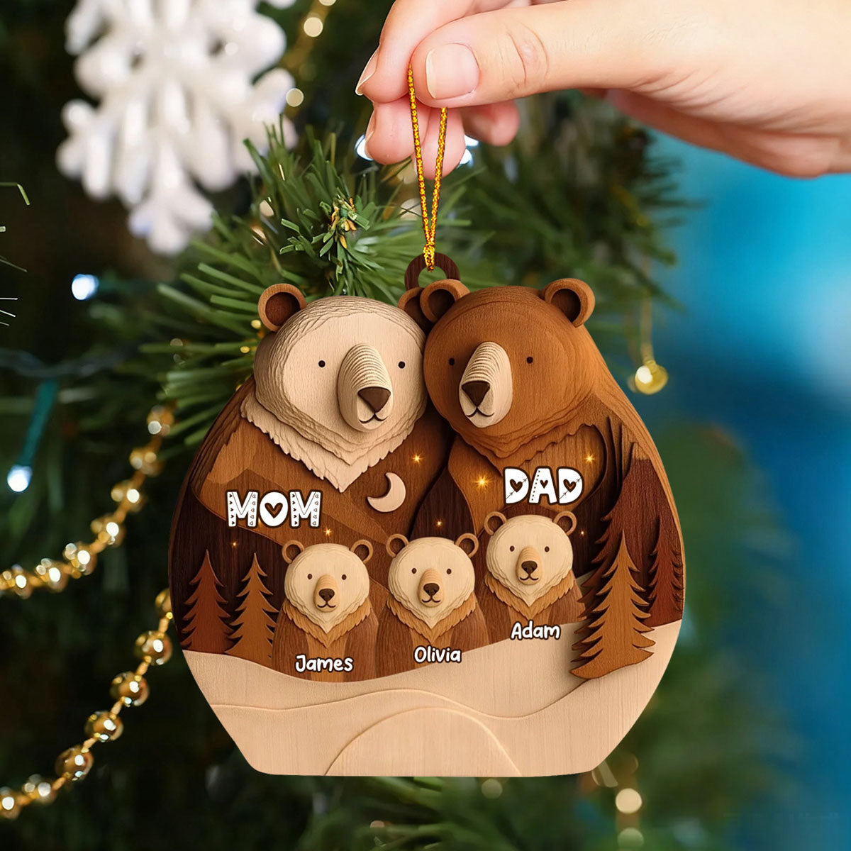 Bear Family Woodland Christmas - Personalized Wooden Ornament, Custom Name Christmas Tree Ornament, Gift for Family