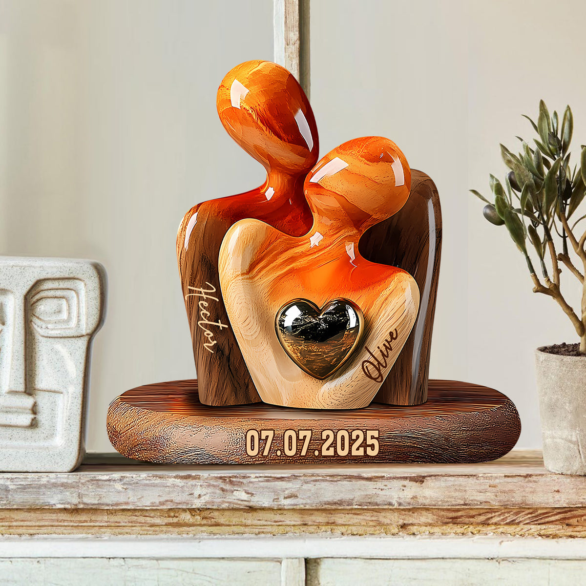 Personalized Elegant Couple Statue with Heart Inlay Custom Shaped Acrylic Plaque