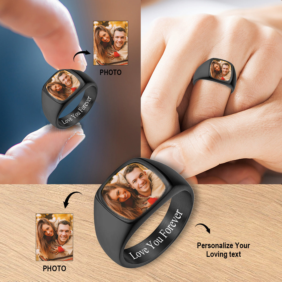 Love You Forever - Personalized Stained Glass Background Upload Photo Square Ring