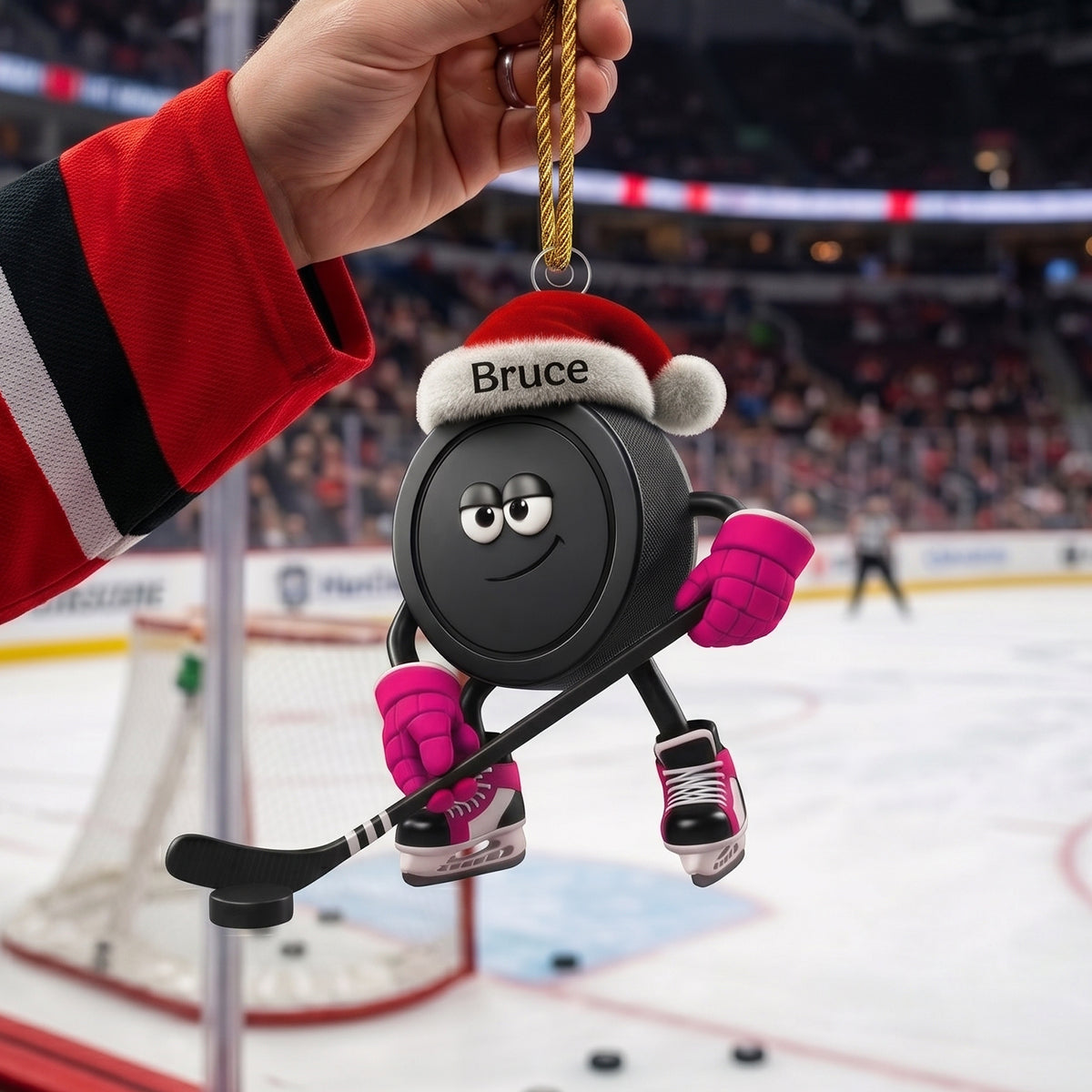 Personalized Santa Hat Hockey Puck Hanging Ornament – Custom Christmas Ice Hockey Acrylic Gift For Fans