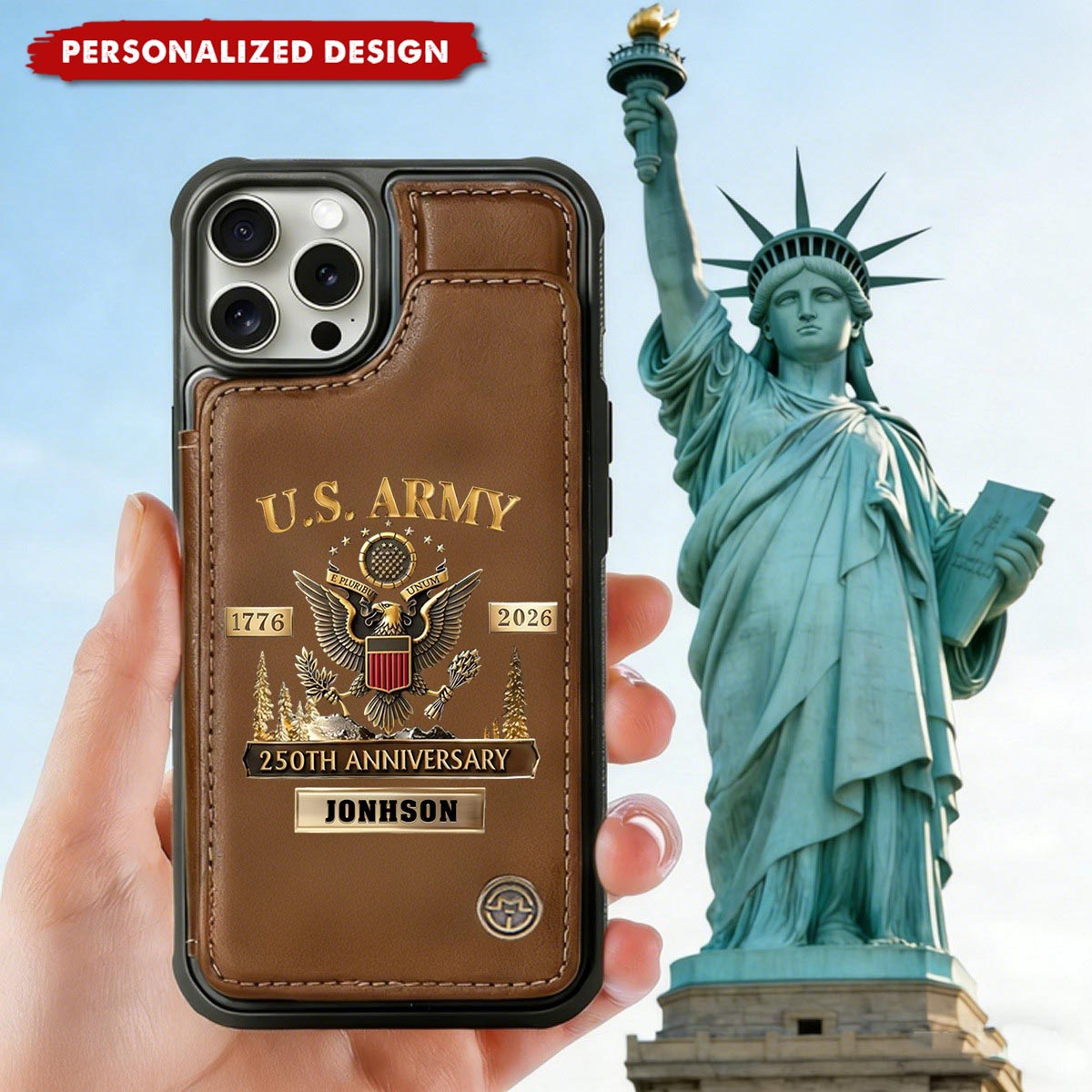 Personalized U.S. Army Leather Wallet Phone Case, 250th Anniversary Military Phone Case
