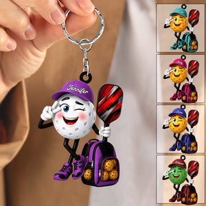 Winking Pickleball Mascot Peace Sign Keychain - Personalized Gift for Male & Female Player