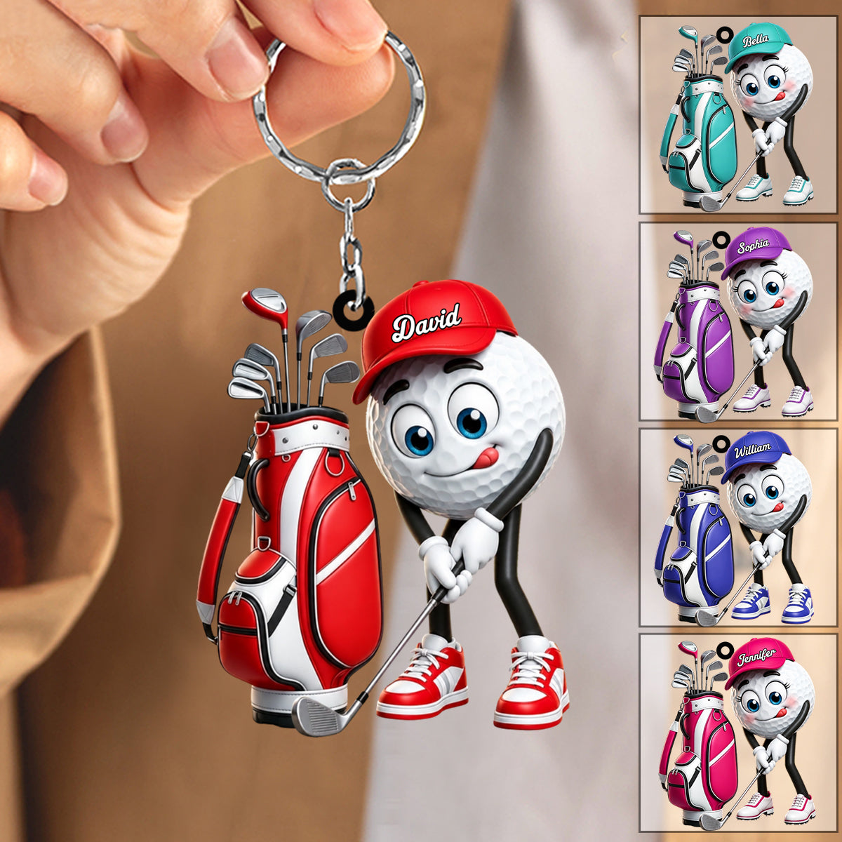 Pre‑swing Ready Stance Personalized Golf Ball Mascot Keychain Gift for Male & Female Golfer
