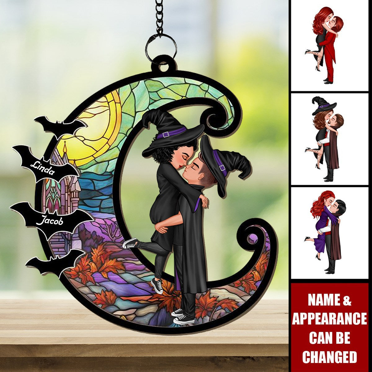 Halloween Couple Hugging Kissing On Moon - Personalized Window Hanging Suncatcher Ornament