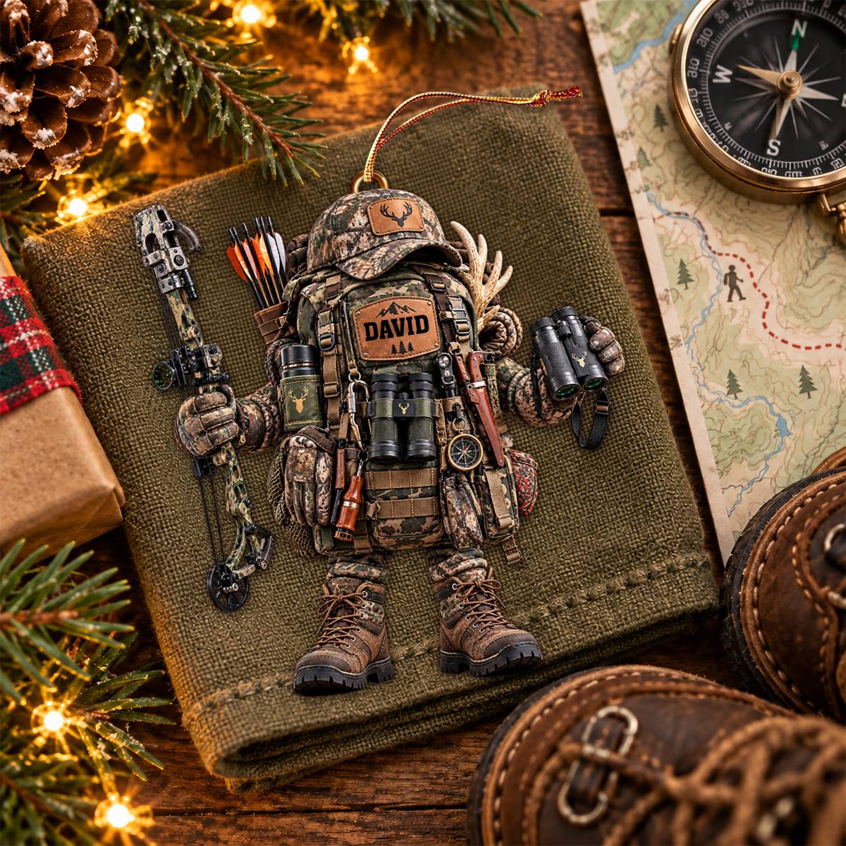 Personalized hunter Christmas Ornament – Camo Backpack & Outdoor Adventure Gift