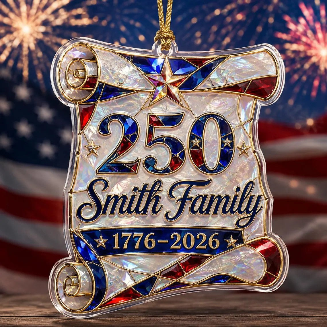 Personalized 1776–2026 Hologram Scroll Acrylic Ornament – America 250th Family Keepsake Gift