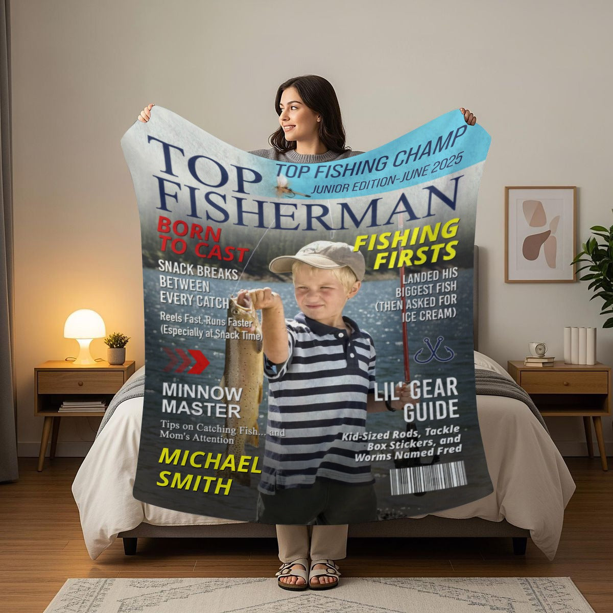 Custom Kids Fishing Magazine Cover Blanket, Fishing Gifts for Boys, Fishing Gift for Son, Grandson