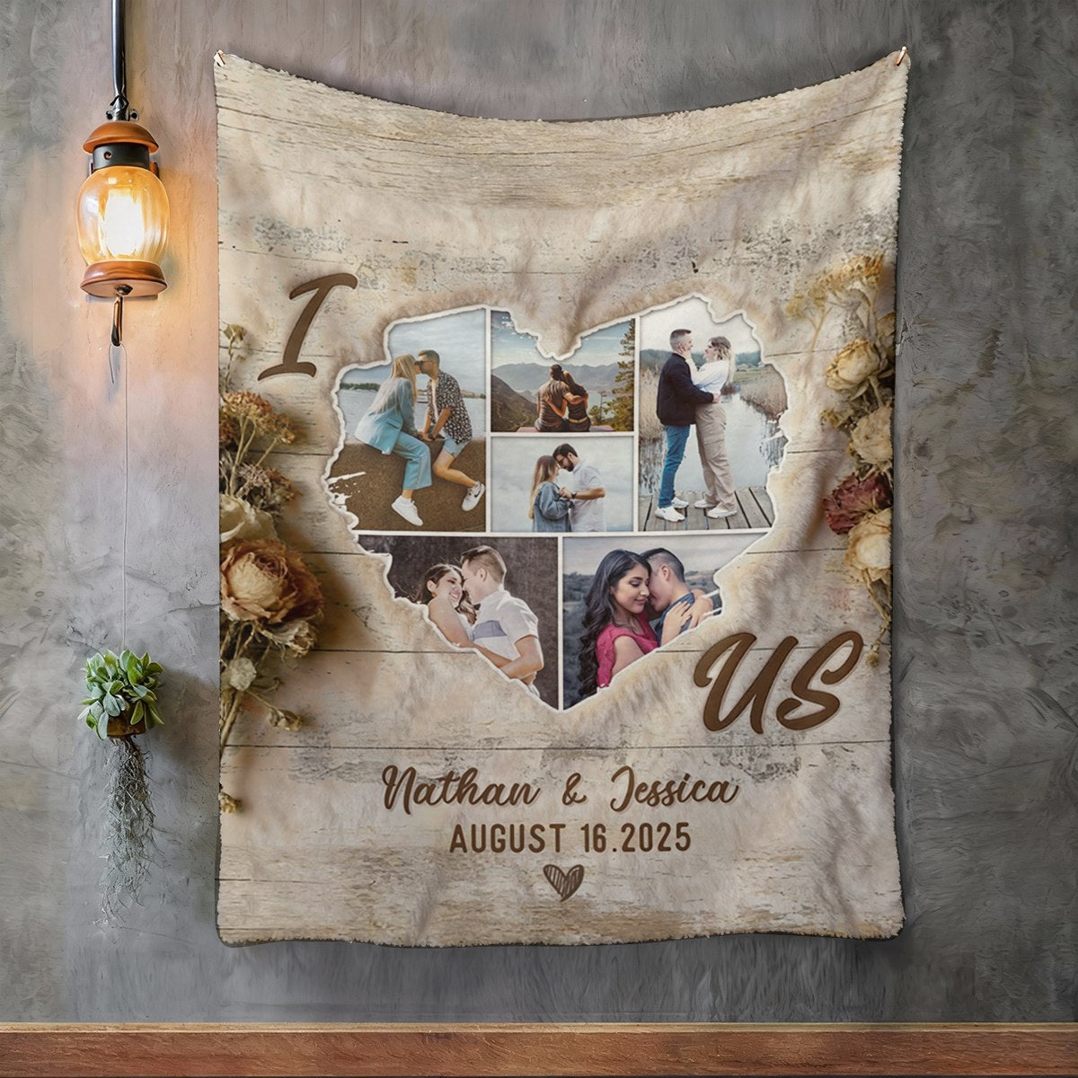 Custom Heart Shaped Photo Collage Vintage Blanket, Personalized Photos Of Us Picture Collage Gift, Wedding Anniversary Valentines Gift For Her Him