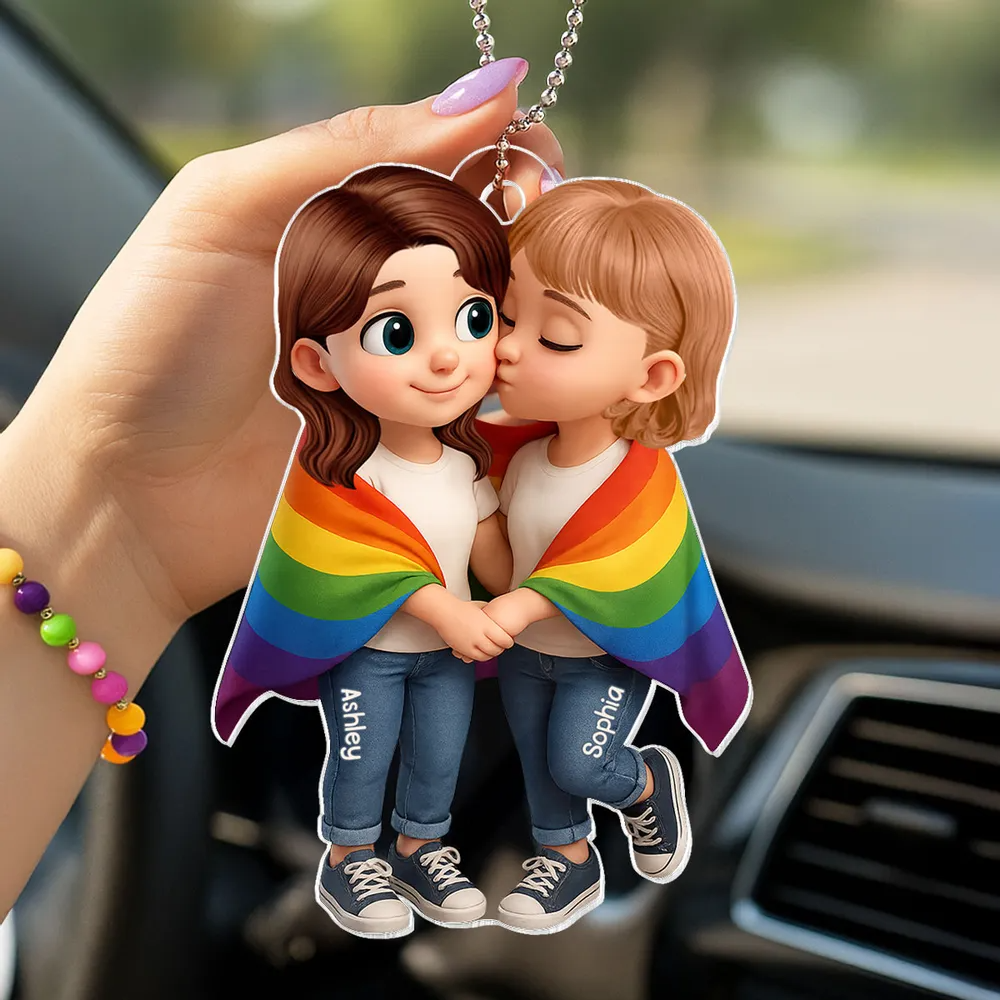 Pride Month LGBTQ+ Couple Love Is Love Personalized Acrylic Car Ornament, Gift For Couple