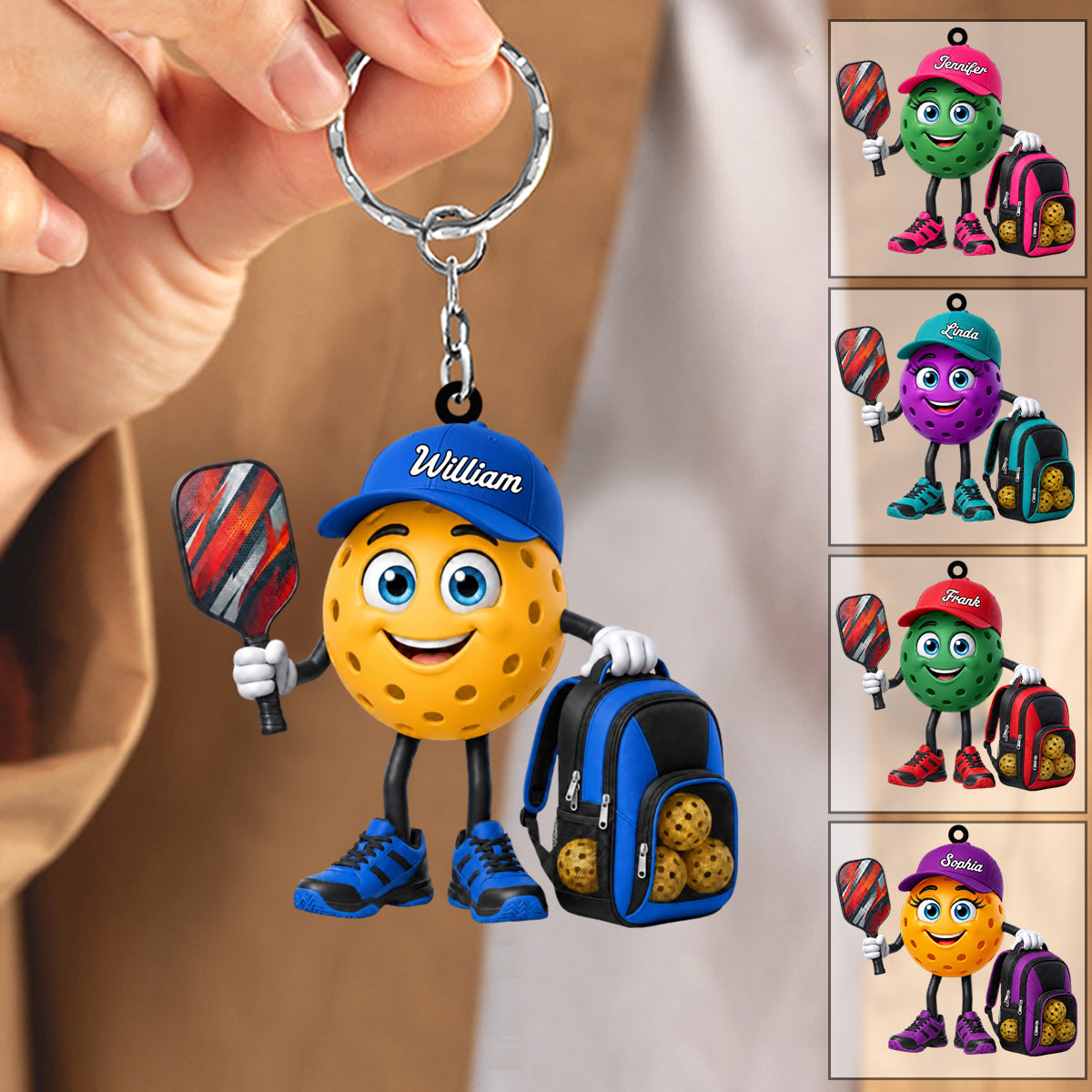 Holding Pickleball Paddle Keychain - Personalized Pickleball Mascot Keychain Gift for Male & Female Pickleball Player