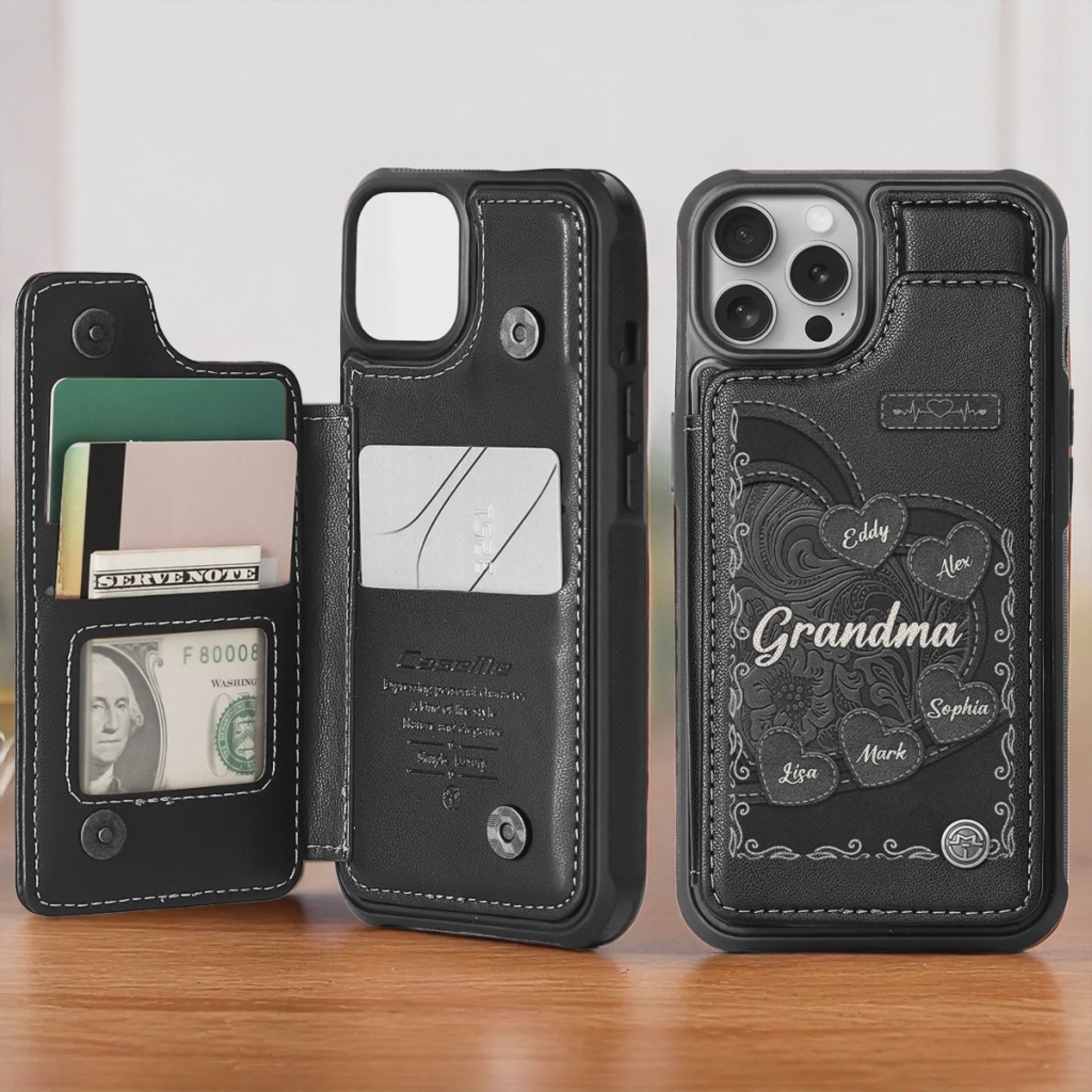 Personalized Heart Leather Flip Wallet Phone Case Gifts For Mom, Grandma