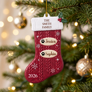 Personalized Red Knit Stocking Family Ornament – Custom Family Name, Year & 10 Names | Acrylic Custom Shape Keepsake
