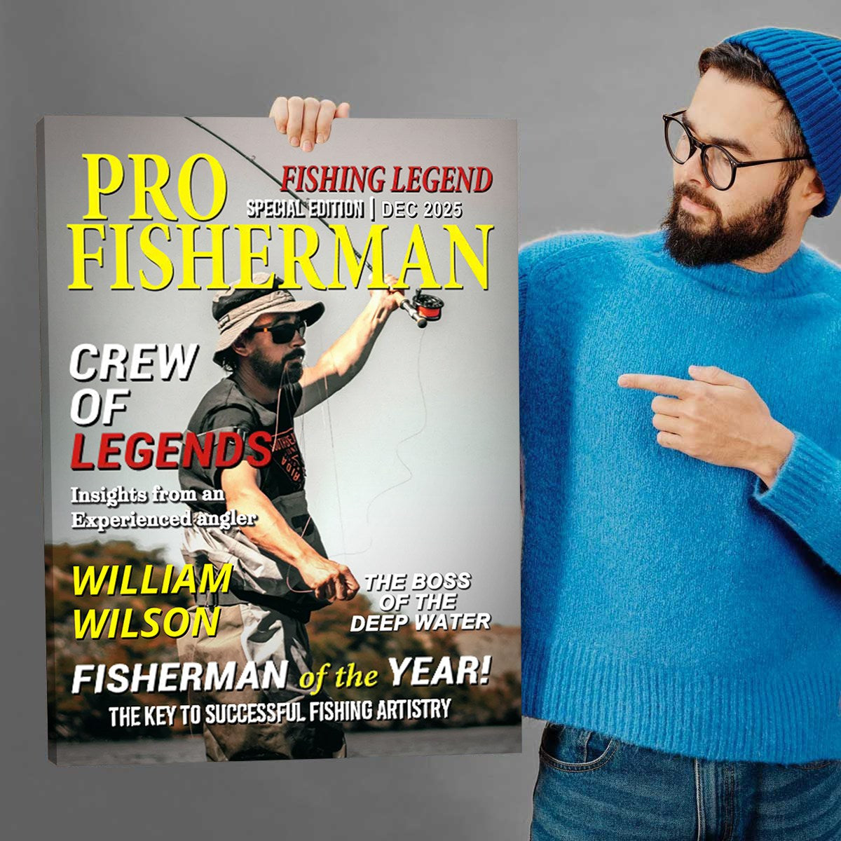 Custom Photo Hooked On Greatness Fishing Magazine Cover, Personalized Fishing Gifts for Men, Funny Gift for Fisherman