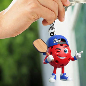 Cool Inviting Pose Personalized Cute Pickleball Ball Mascot Keychain