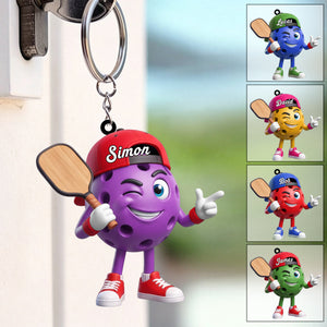 Cool Inviting Pose Personalized Cute Pickleball Ball Mascot Keychain