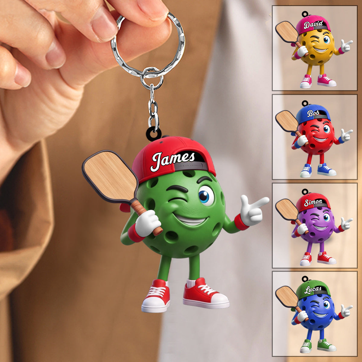 Cool Inviting Pose Personalized Cute Pickleball Ball Mascot Keychain