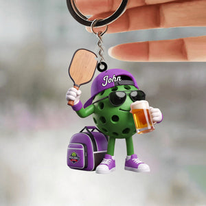 Sunglasses And Beer Pickleball Keychain - Personalized Cool Pickleball Ball Mascot Keychain