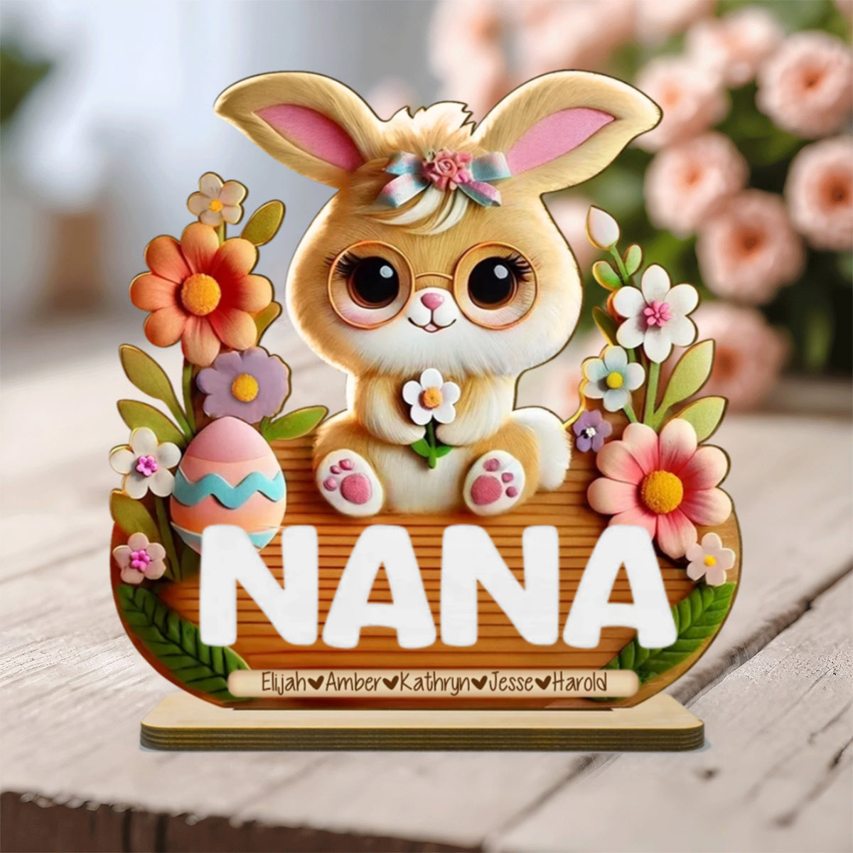 Mom Grandma's Easter Magic With Cute Bunny Engraved Standing Wooden Plaque, Heartfelt Personalized Mother's Day Gift