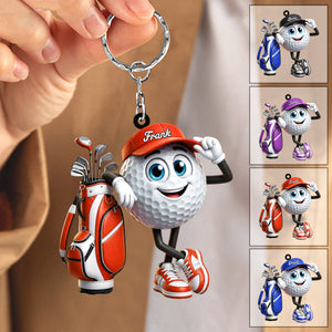 Leaning On The Golf Bag Personalized Cute Golf Ball Mascot Keychain Gift For Golf Lovers
