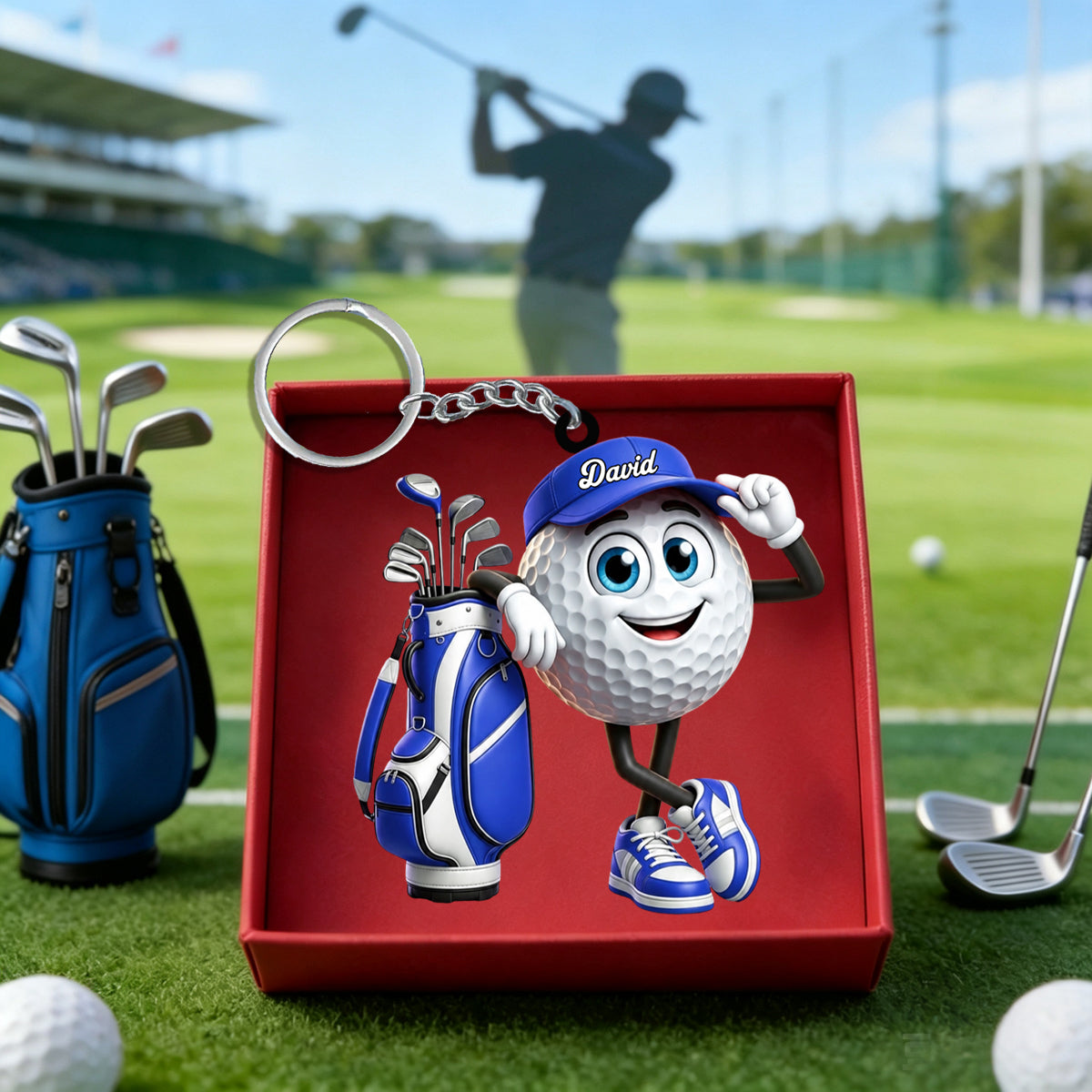 Leaning On The Golf Bag Personalized Cute Golf Ball Mascot Keychain Gift For Golf Lovers