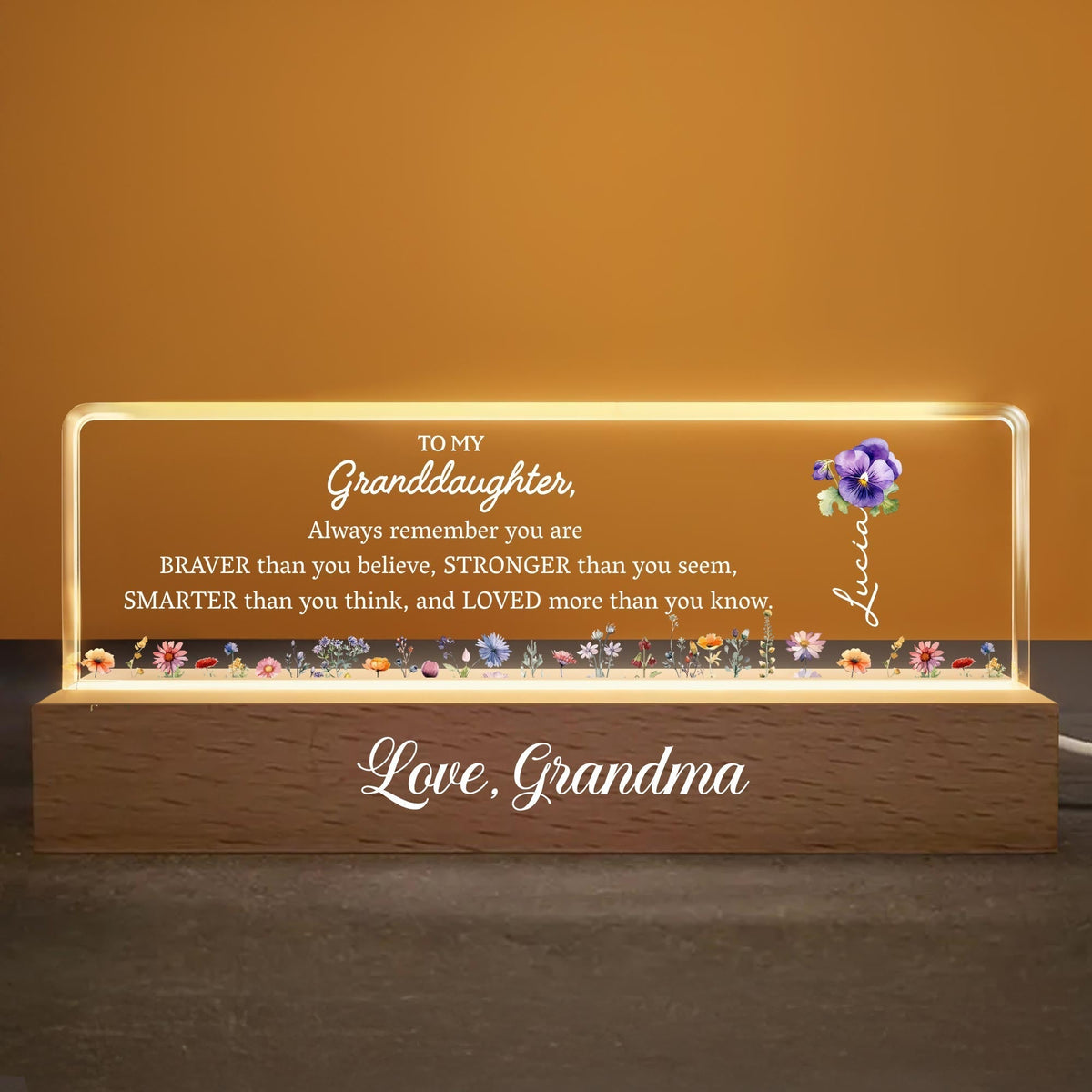 To My Granddaughter Always Remember You Are Braver Flowers, Personalized LED Night Light With Wooden Base, Gift For Granddaughters