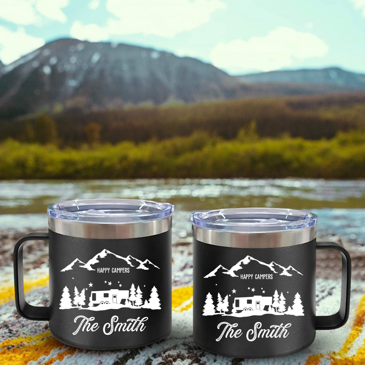 Happy Campers - Gift For Camping Lovers - Personalized 14oz Stainless Steel Tumbler With Handle