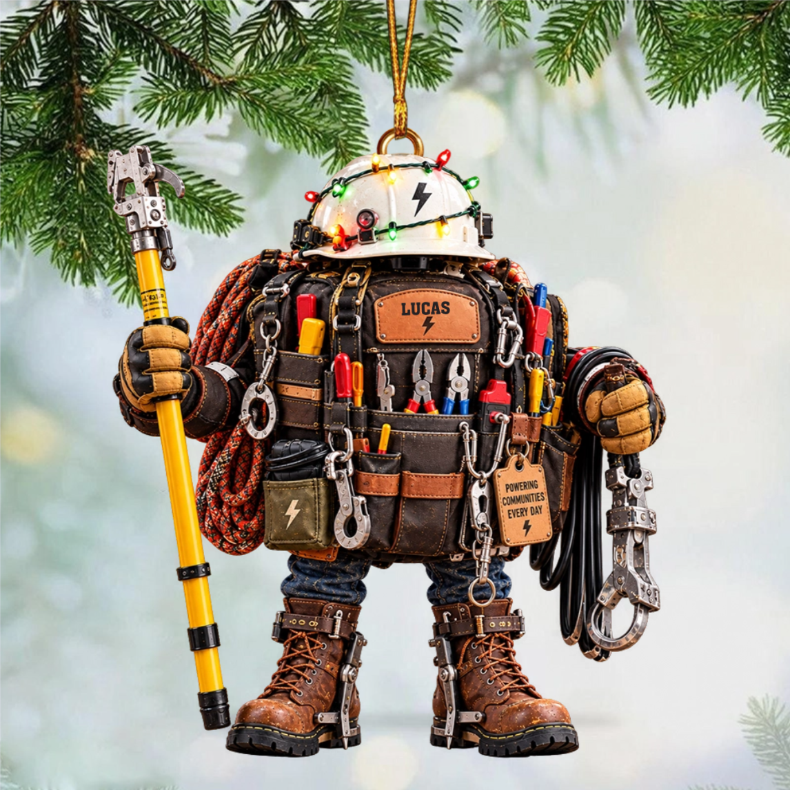 Personalized Lineman Christmas Ornament – Utility Worker Tool Bag & Hard Hat Gift
