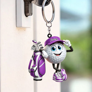 Leaning On The Golf Bag Personalized Cute Golf Ball Mascot Keychain Gift For Golf Lovers
