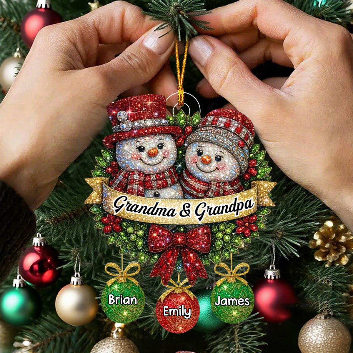 Snowman Glitter Grandma Grandpa Grandkids - Personalized Custom Acrylic Ornament