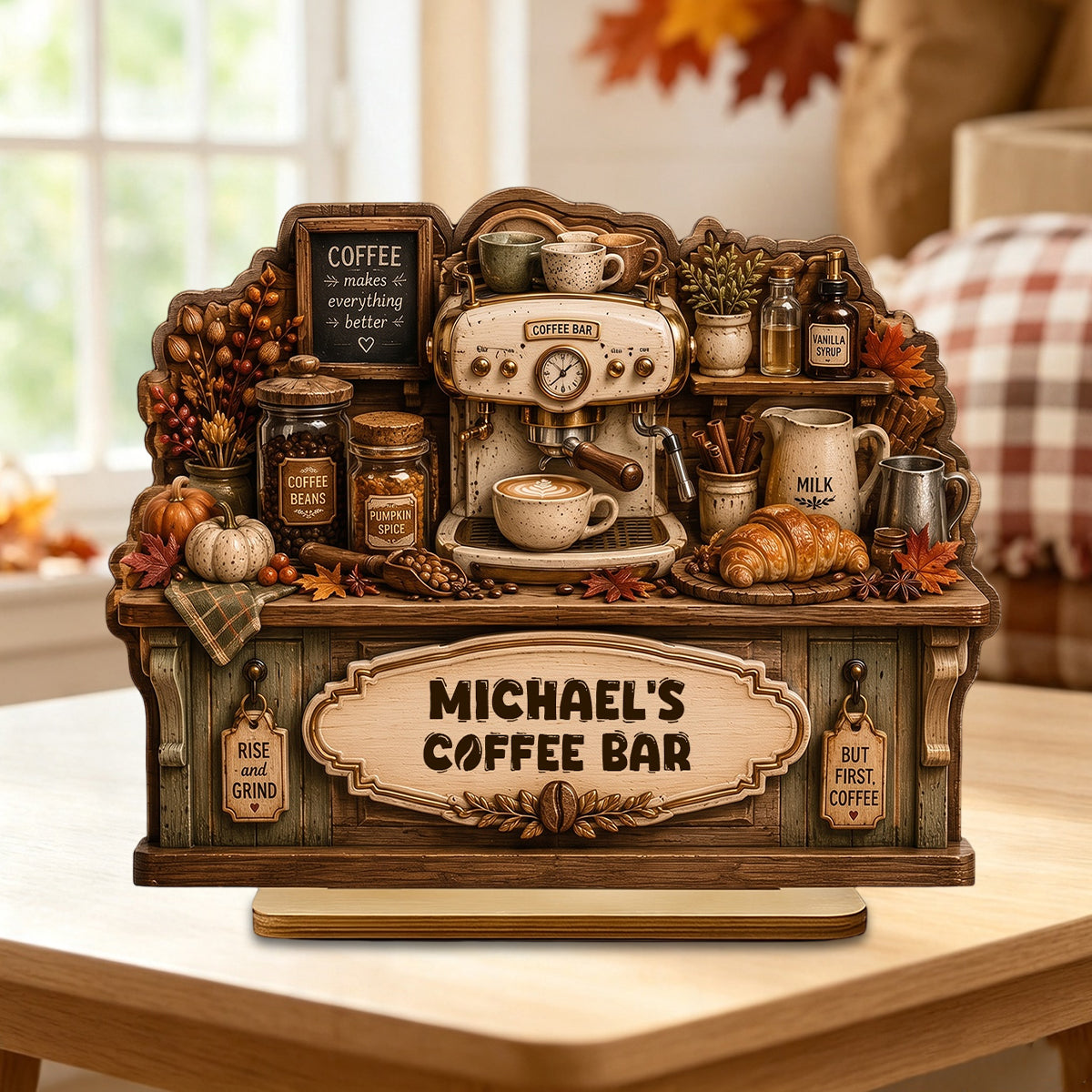 Personalized Fall Coffee Bar — Counter Shape Wooden Plaque