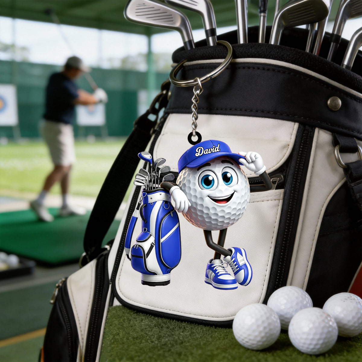 Leaning On The Golf Bag Personalized Cute Golf Ball Mascot Keychain Gift For Golf Lovers