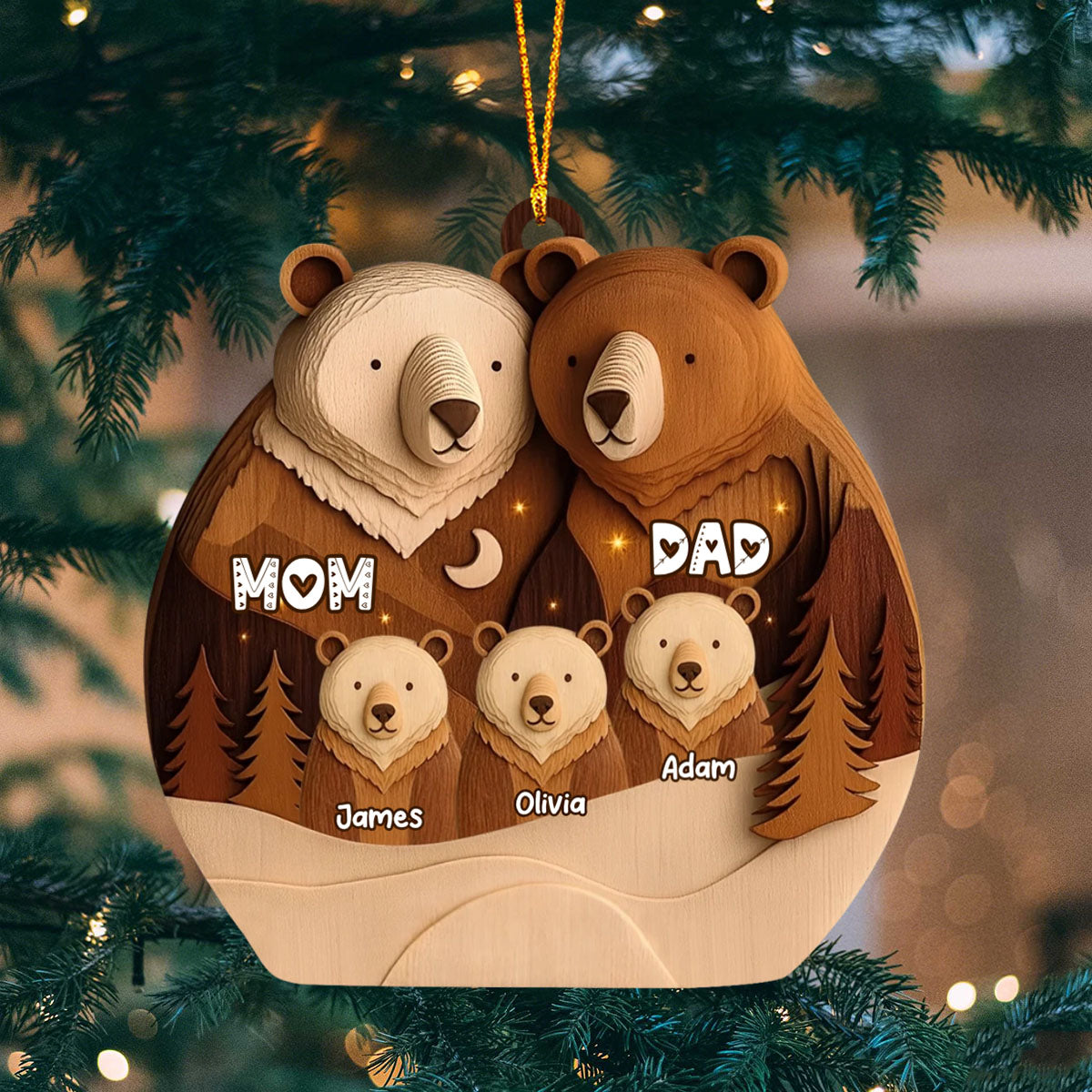 Bear Family Woodland Christmas - Personalized Wooden Ornament, Custom Name Christmas Tree Ornament, Gift for Family