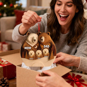 Bear Family Woodland Christmas - Personalized Wooden Ornament, Custom Name Christmas Tree Ornament, Gift for Family