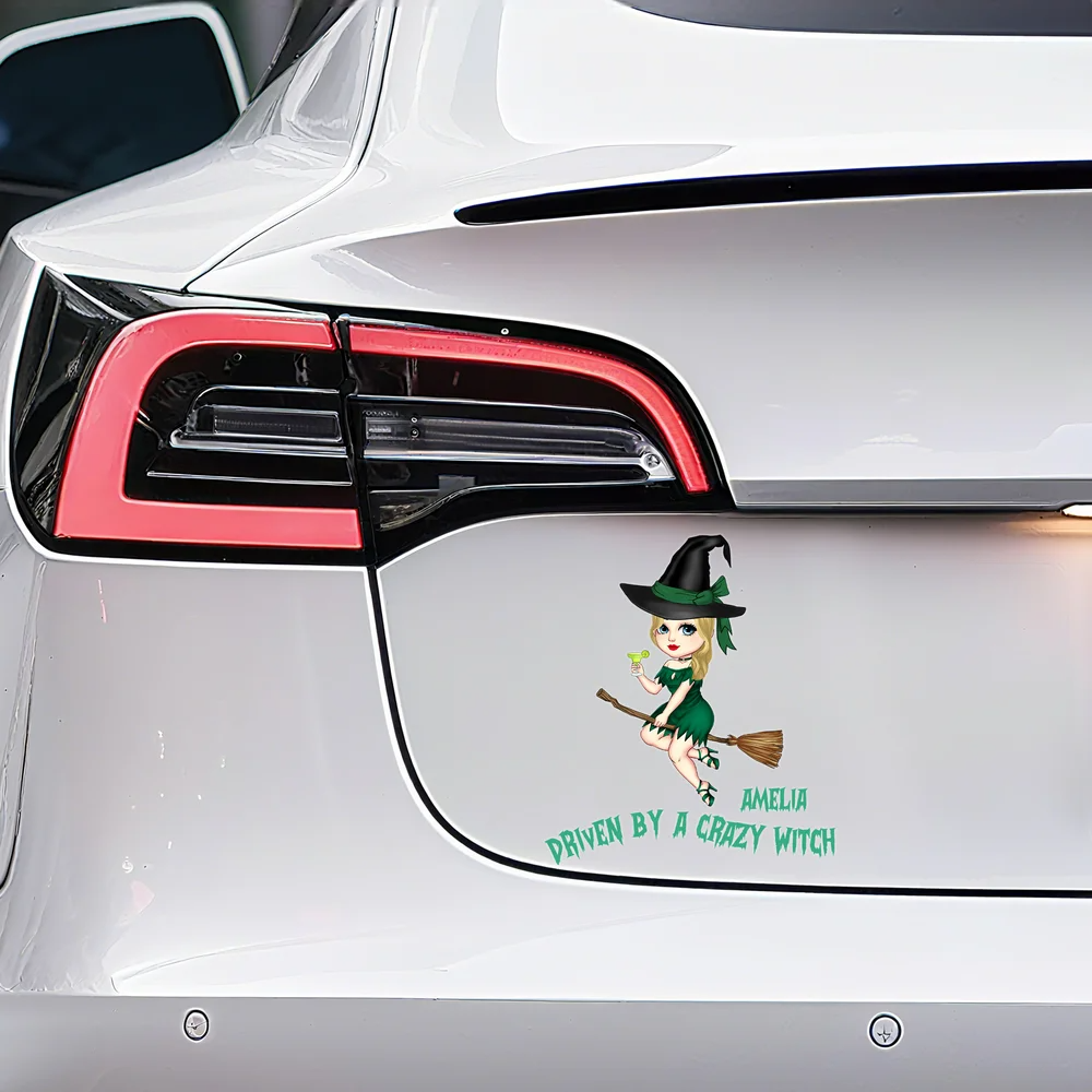 Personalized Witch Hat Cartoon Character Weatherproof Car Sticker Halloween Birthday Gift