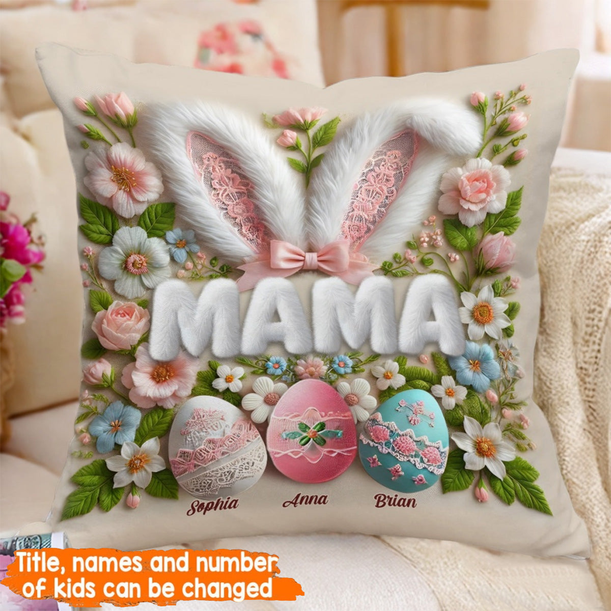 Personalized Easter Bunny Grandma Pillow - Custom Name Throw Pillow Gift for Grandma, Mother's Day