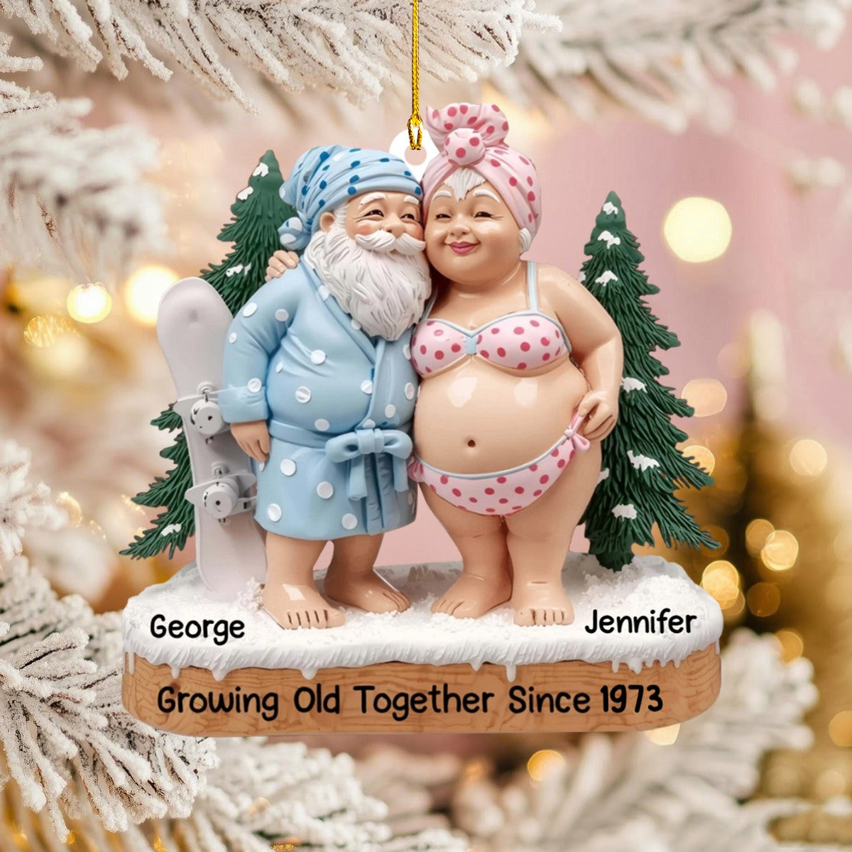Growing Old Together, Elderly Couple In Beach Clothes, Personalized Ornament Gift For Couples