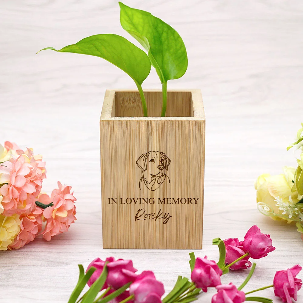 Personalized Pet Line Drawing Dog Cat Portrait Wooden Flower Pot Memorial Gift for Loss of Pet