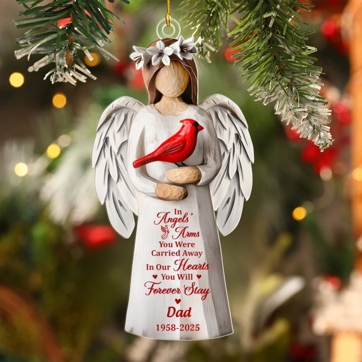 In Angels' Arms You Were Carried Away Personalized Memorial Cardinal Ornament