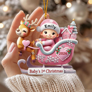 Baby’s 1st Christmas Personalized Acrylic Ornament – Adorable Reindeer Sleigh Design, Perfect Gift for Newborn Celebration