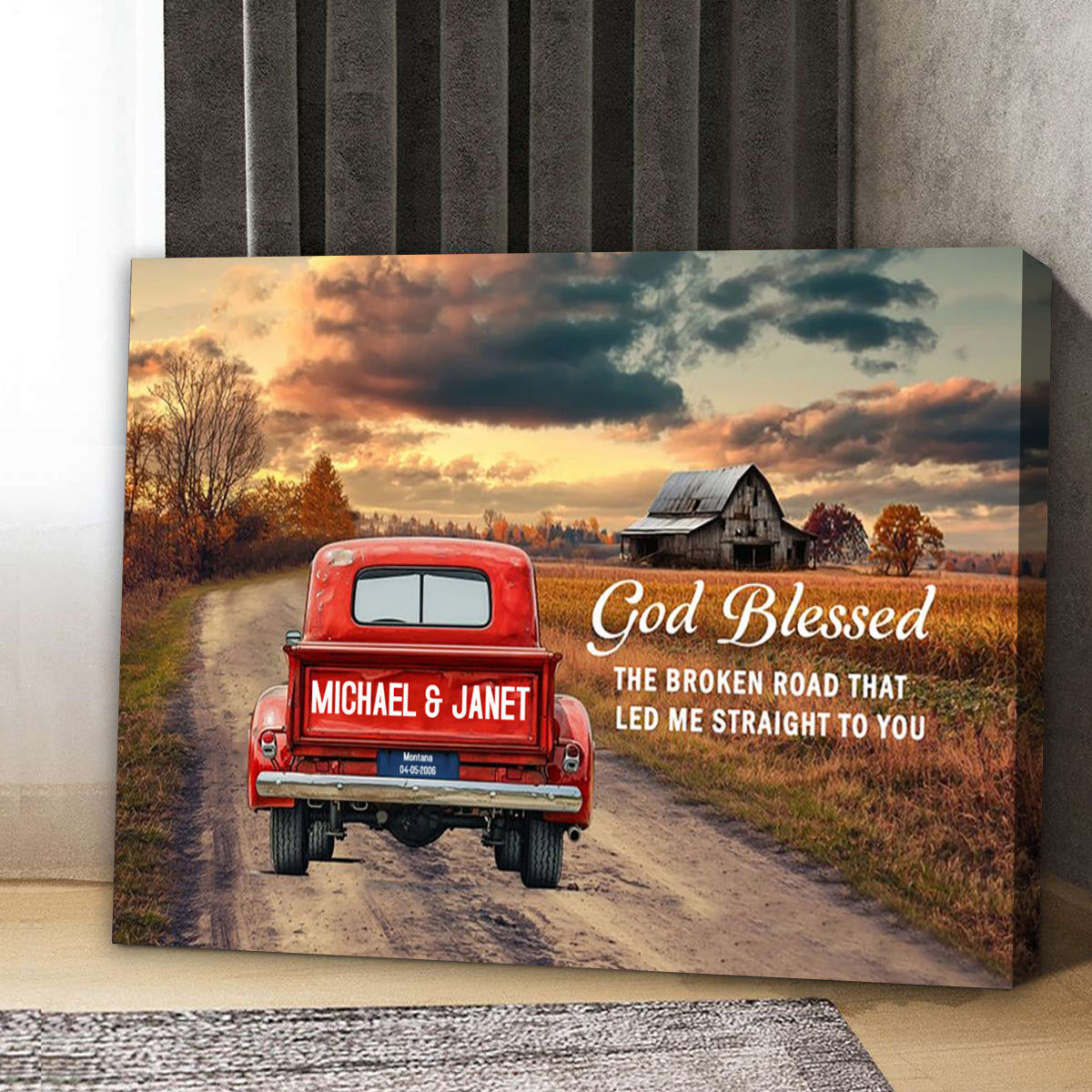 Personalized Rustic Couple Gift God Blessed The Broken Road Truck Canvas Poster
