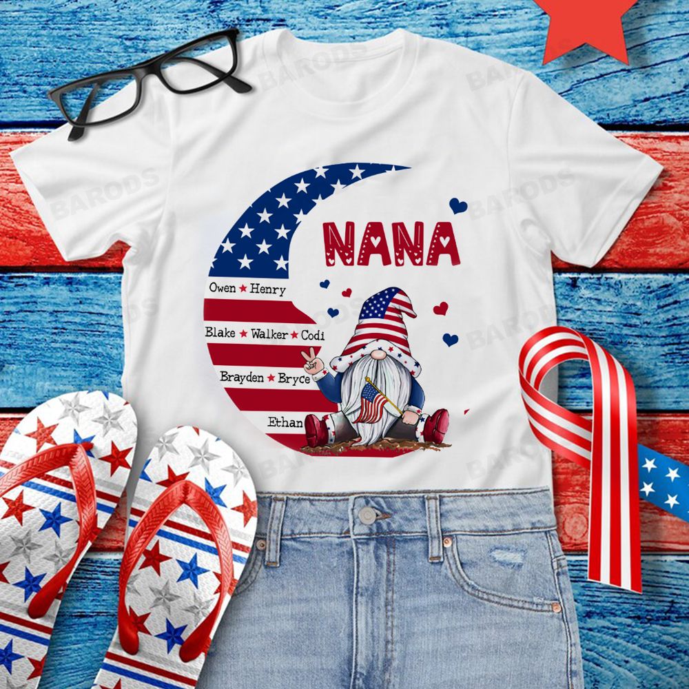 Personalized US 4th of July Grandma Kid Moon American Flag T-shirt