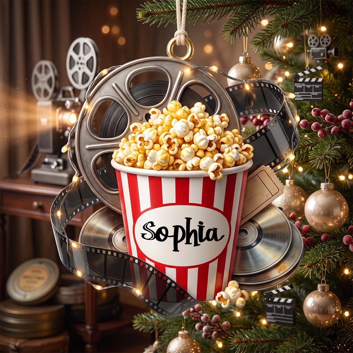 Personalized Movie Night Ornament – Custom Popcorn and Film Reel Decor for Cinema Lovers