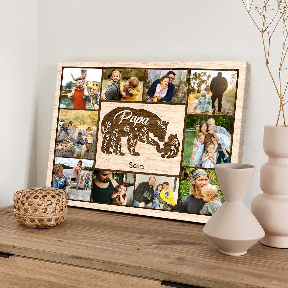 Papa Bear With Kid Personalized Daddy Bear Sign Canvas Poster Father’s Day Gift