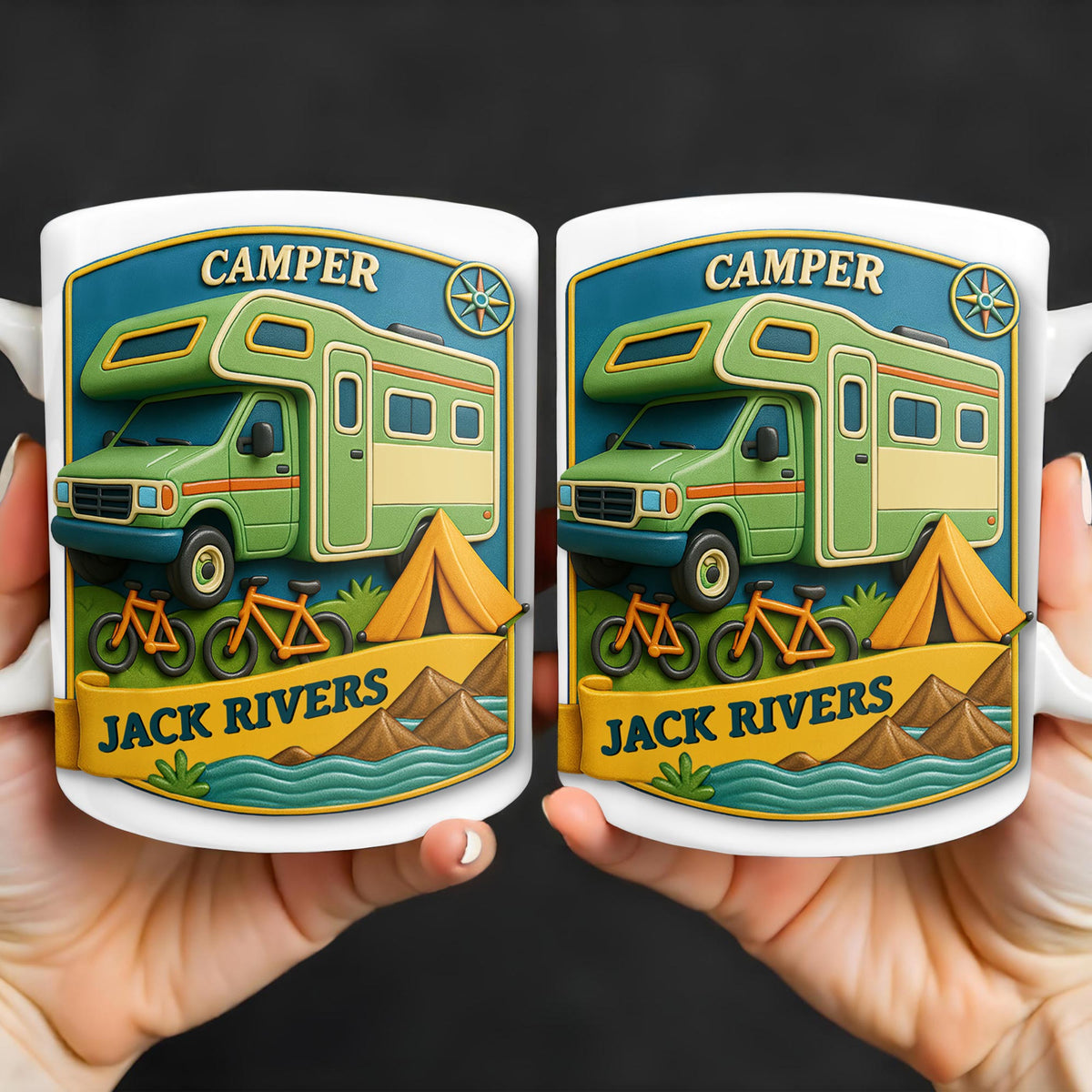 Camper, Tent, and Bicycles Design, Personalized Custom Coffee Mug, Perfect For Outdoor Lovers