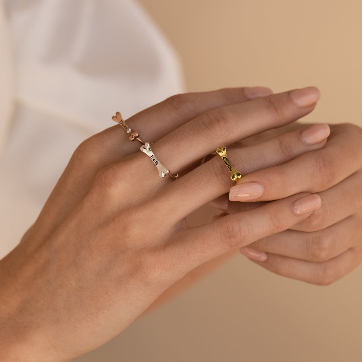 Personalized Dog Bone Charm Ring Pet Name Memorial Ring with Dainty Gemstone