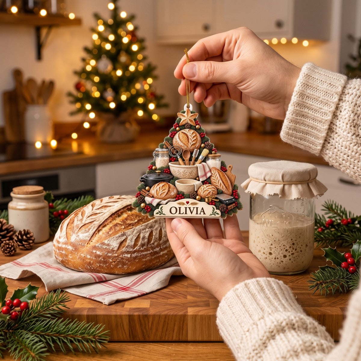 Personalized Sourdough Christmas Ornament, Custom Name Bread Baking Tree Keepsake, Bread Maker Gift, Gift For Sourdough Lover Baker