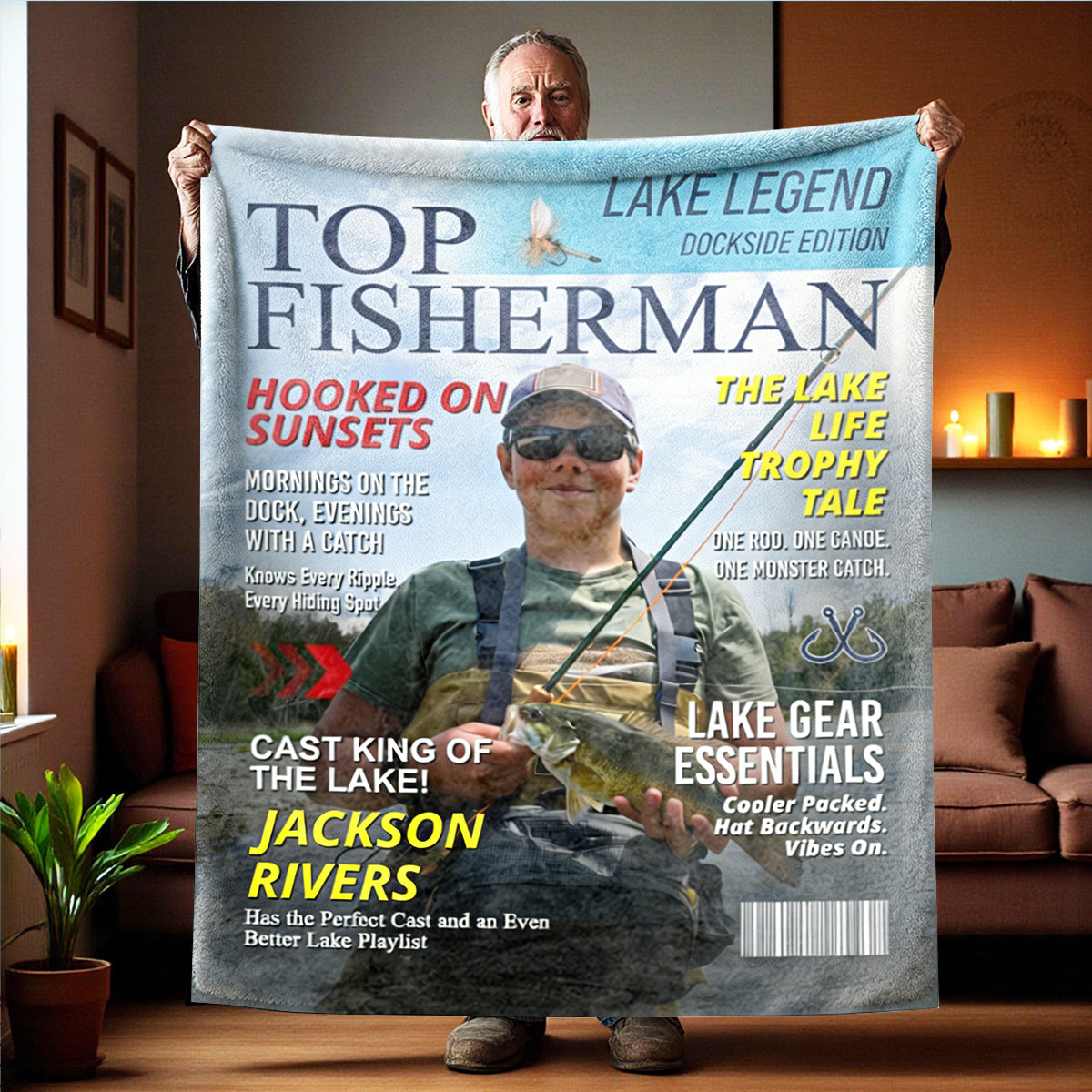 Personalized Lake Fishing Magazine Cover Blanket, Custom Gift for Fishing Dad, Husband or Him